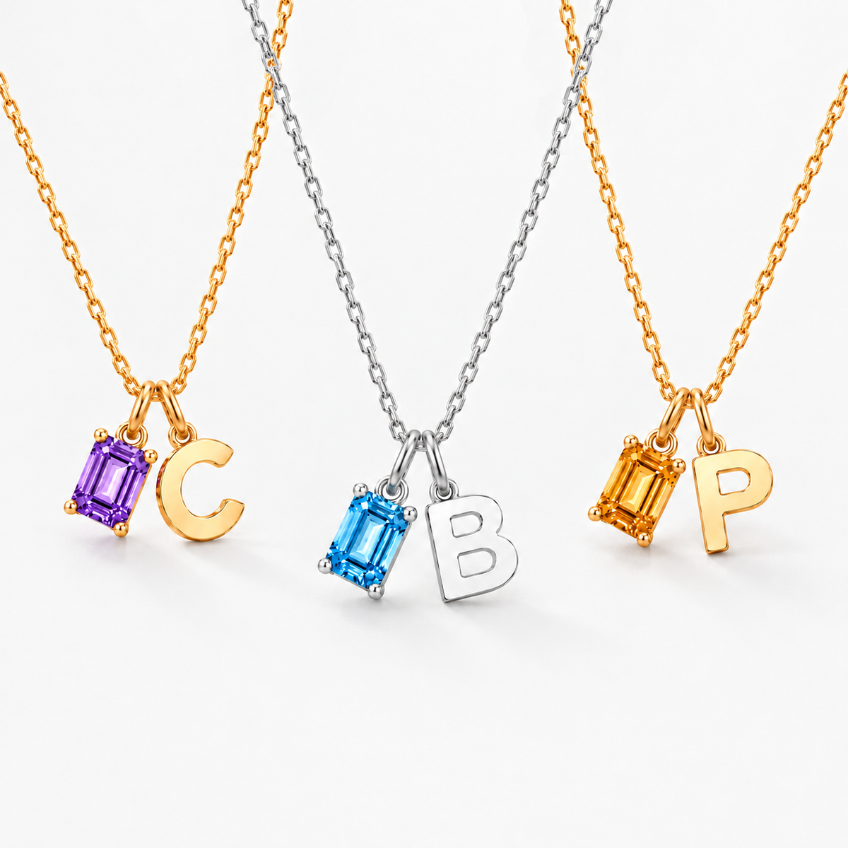 Personalized Initials Letter Necklace with Square-cut Birthstone