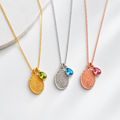 Personalized Fingerprint Birthstone Necklace Custom Memorial Gift