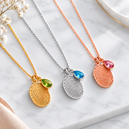 Personalized Fingerprint Birthstone Necklace Custom Memorial Gift