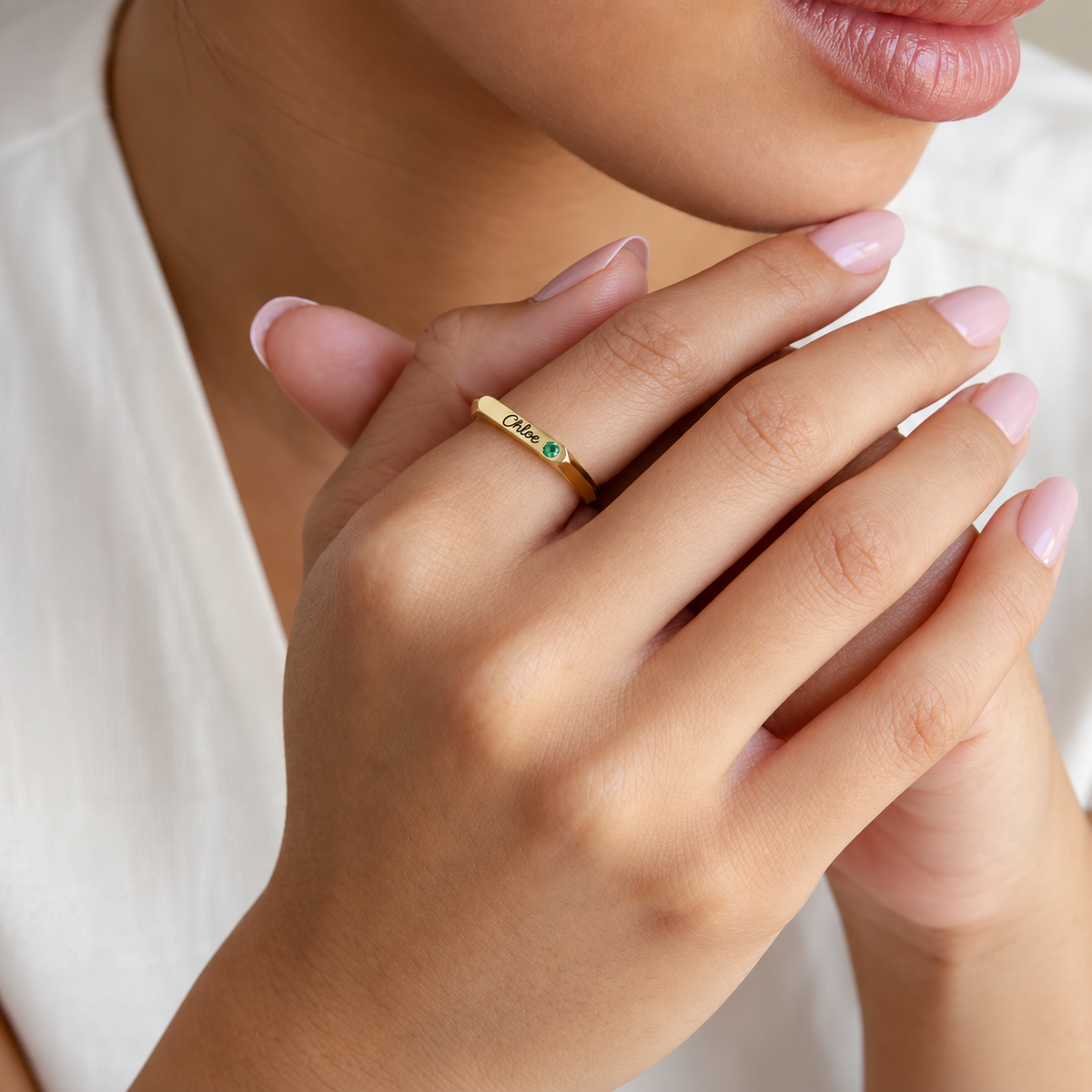 Signet Custom Birthstone Ring with Name Engraving