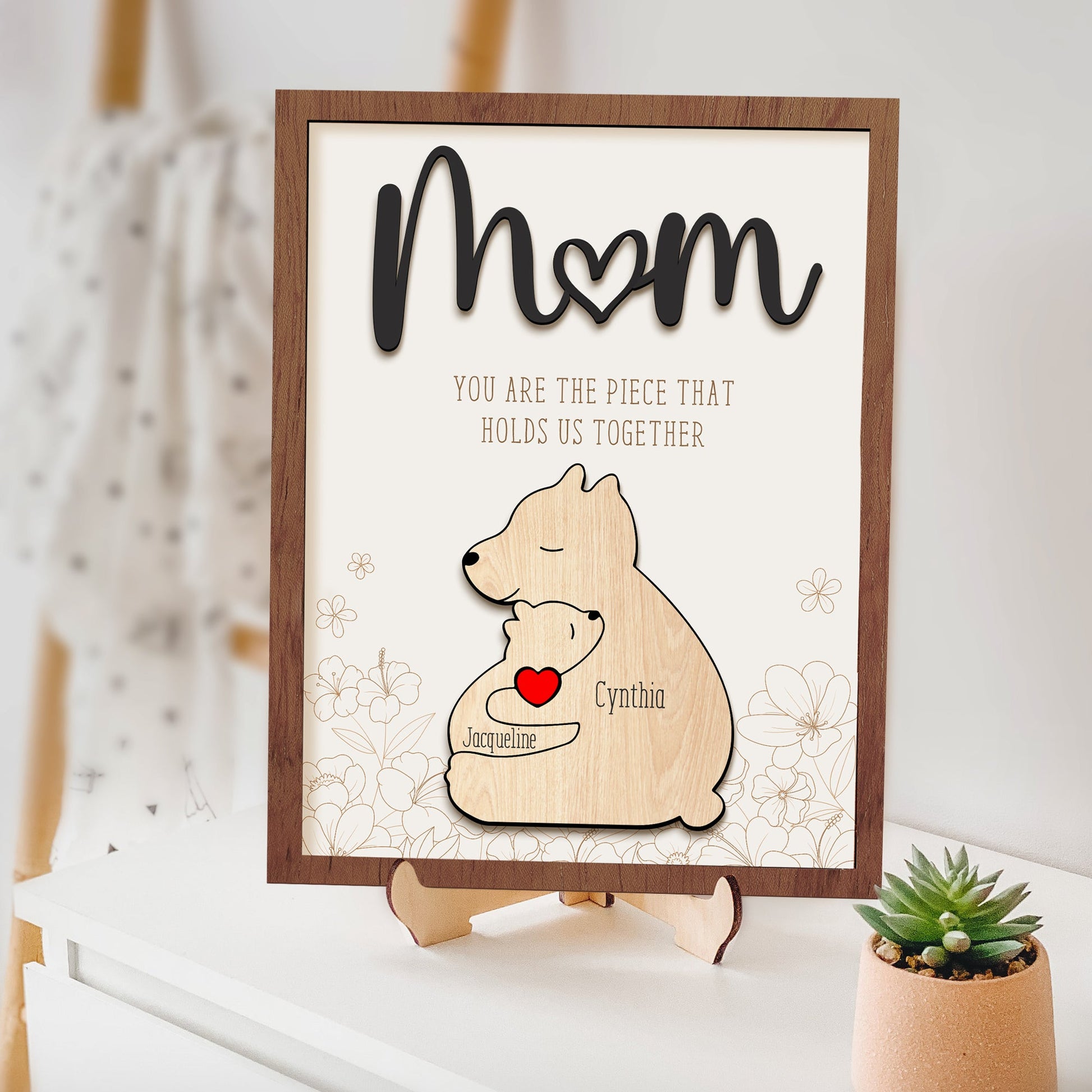 Leauni Personalized Bear Family Animal Puzzle Name Photo Frame - Warm Mother's Day Gift Leauni