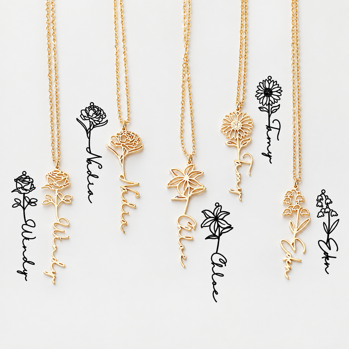 Personalized Name Necklace with Birth Flower