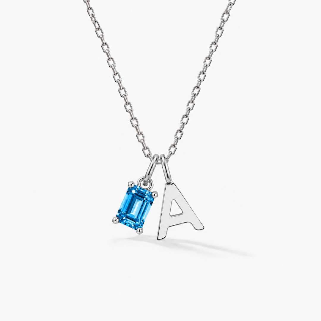 Personalized Initials Letter Necklace with Square-cut Birthstone
