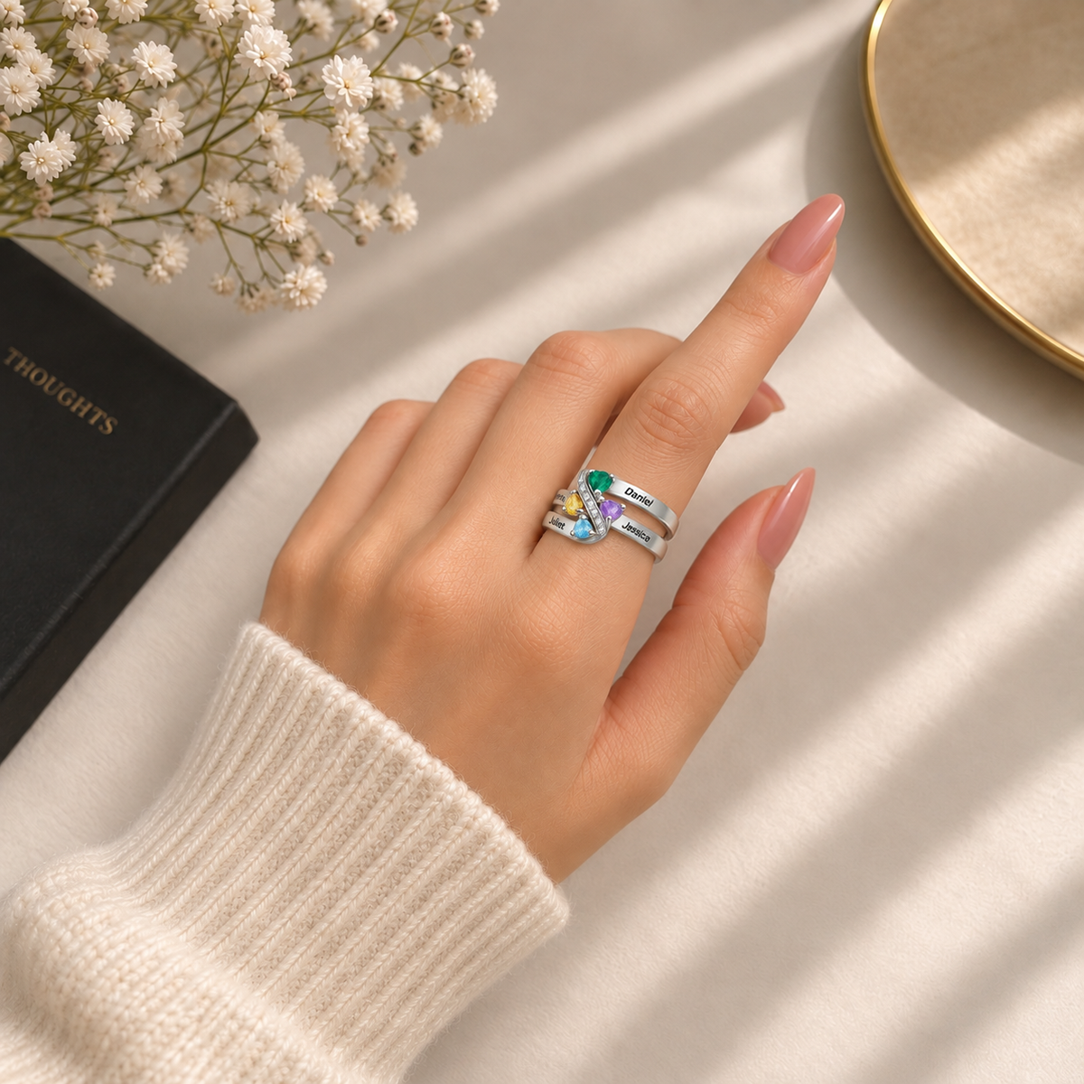 Personalized Family Birthstone Ring Custom Name with Heartfelt Message