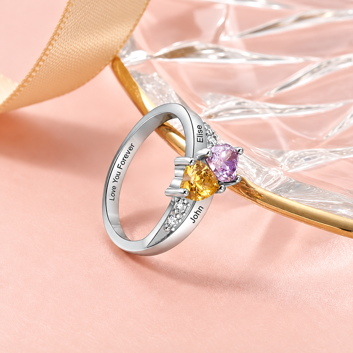 Personalized Name Ring with Double Heart Birthstone and Heartfelt Message