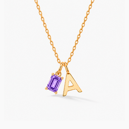 Personalized Initials Letter Necklace with Square-cut Birthstone