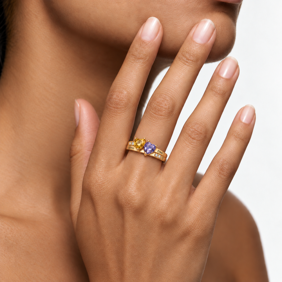 Personalized Name Ring with Double Heart Birthstone and Heartfelt Message