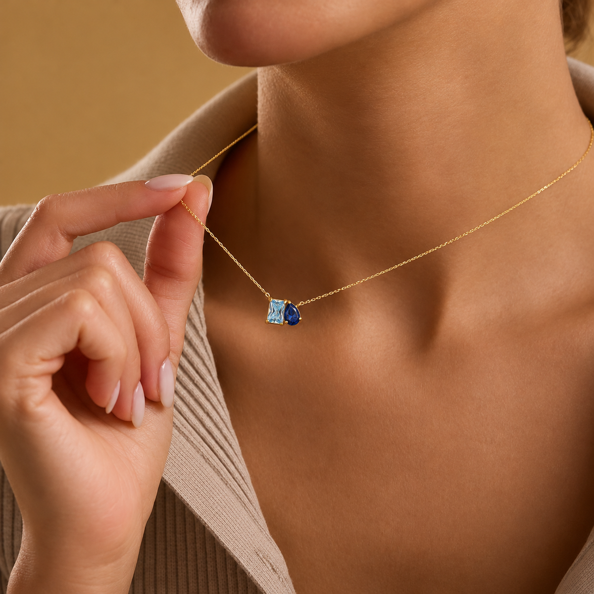Personalized Toi et moi Birthstone Necklace with Square-cut and Pear-cut Stone