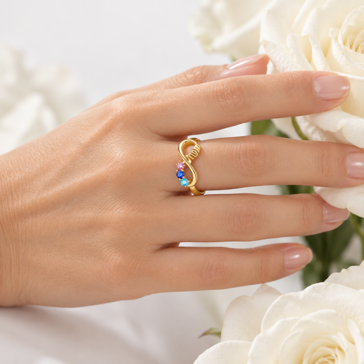 Personalized Mom Birthstone Ring Infinity Heartfelt Engraving Message