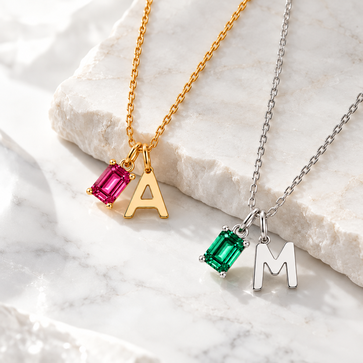 Personalized Initials Letter Necklace with Square-cut Birthstone