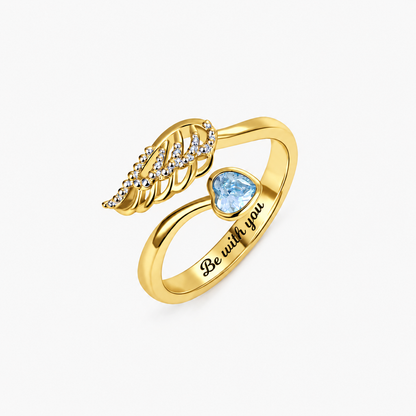 Personalized Angel Wing Birthstone Ring with Heart-cut Stone and Engraving Message