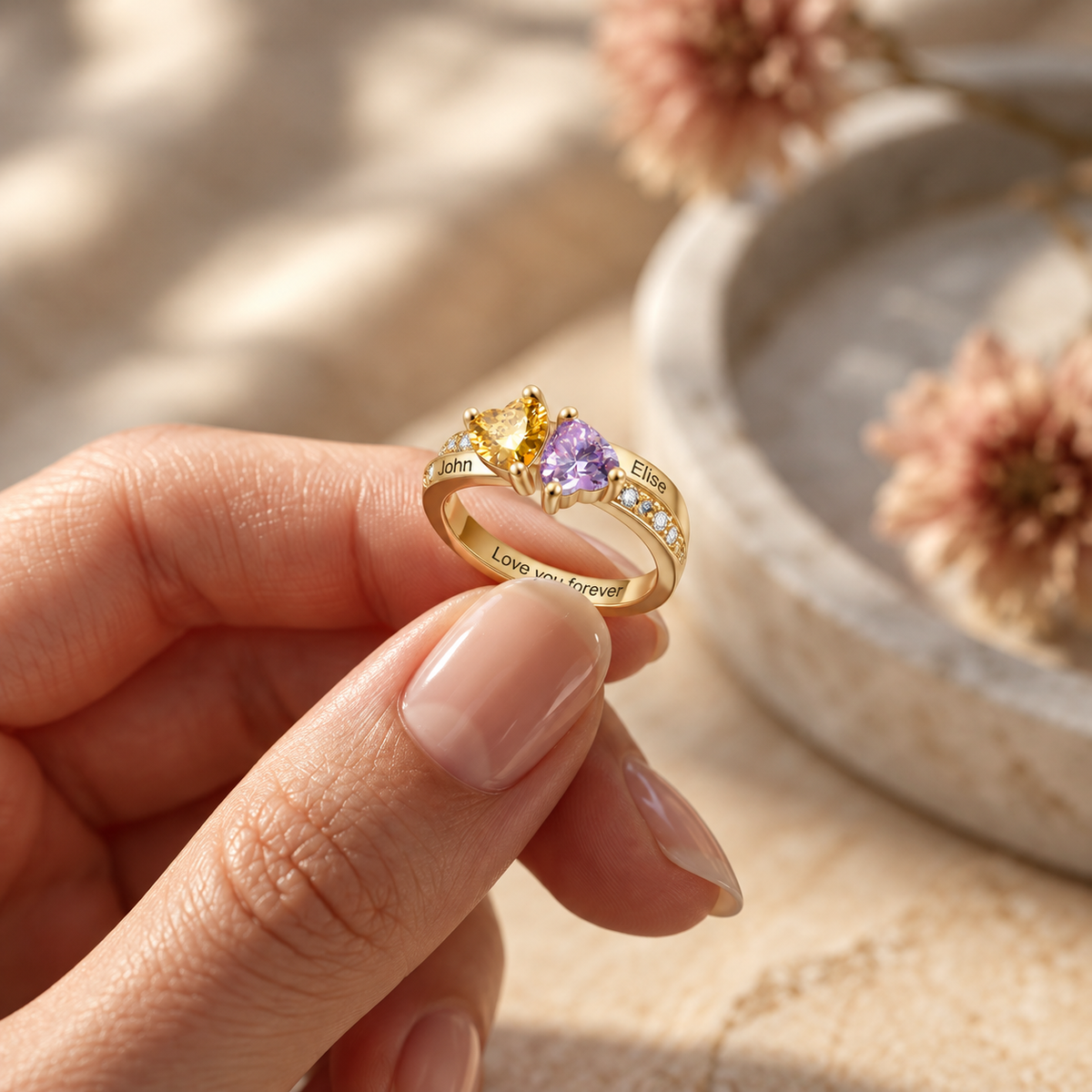Personalized Name Ring with Double Heart Birthstone and Heartfelt Message