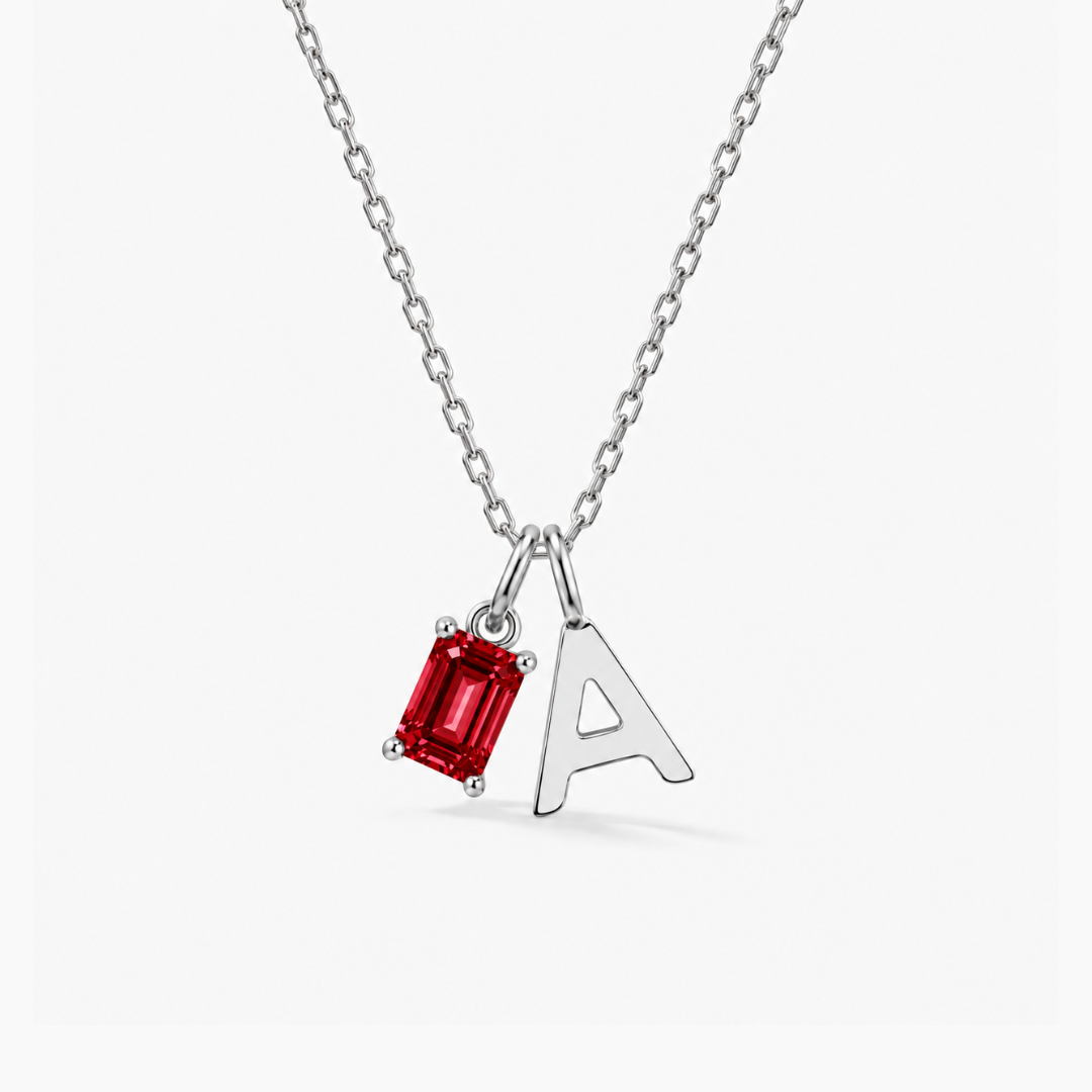 Personalized Initials Letter Necklace with Square-cut Birthstone