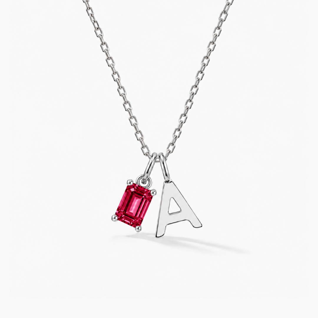 Personalized Initials Letter Necklace with Square-cut Birthstone