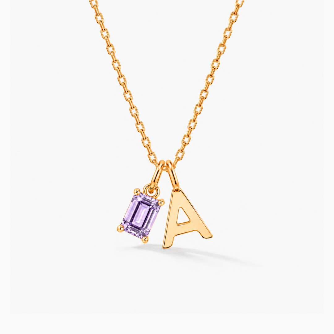 Personalized Initials Letter Necklace with Square-cut Birthstone