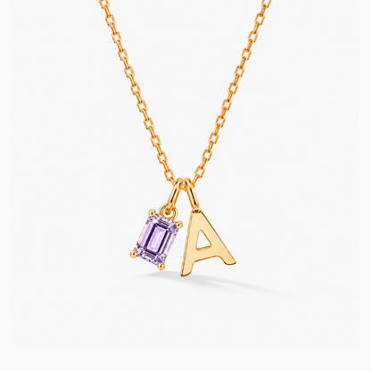 Personalized Initials Letter Necklace with Square-cut Birthstone