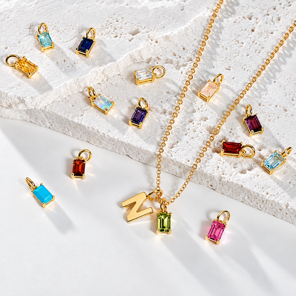 Personalized Initials Letter Necklace with Square-cut Birthstone
