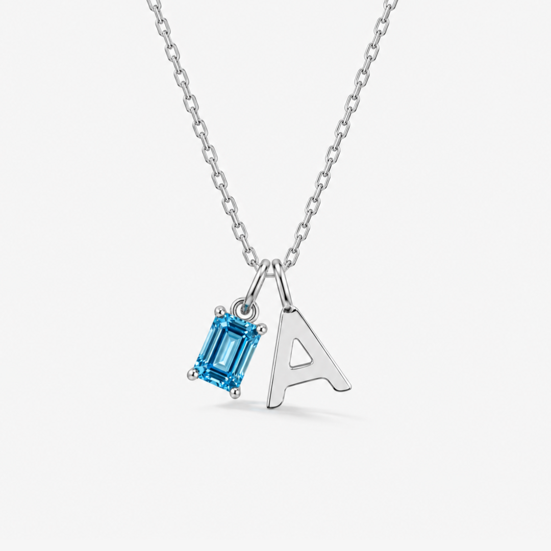 Personalized Initials Letter Necklace with Square-cut Birthstone