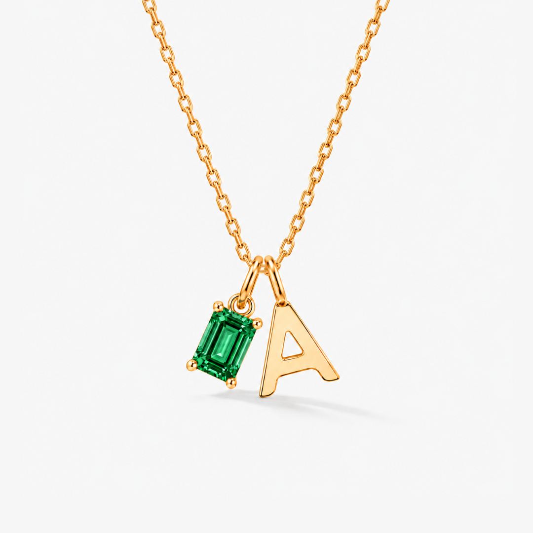 Personalized Initials Letter Necklace with Square-cut Birthstone