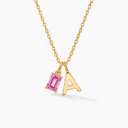 Personalized Initials Letter Necklace with Square-cut Birthstone