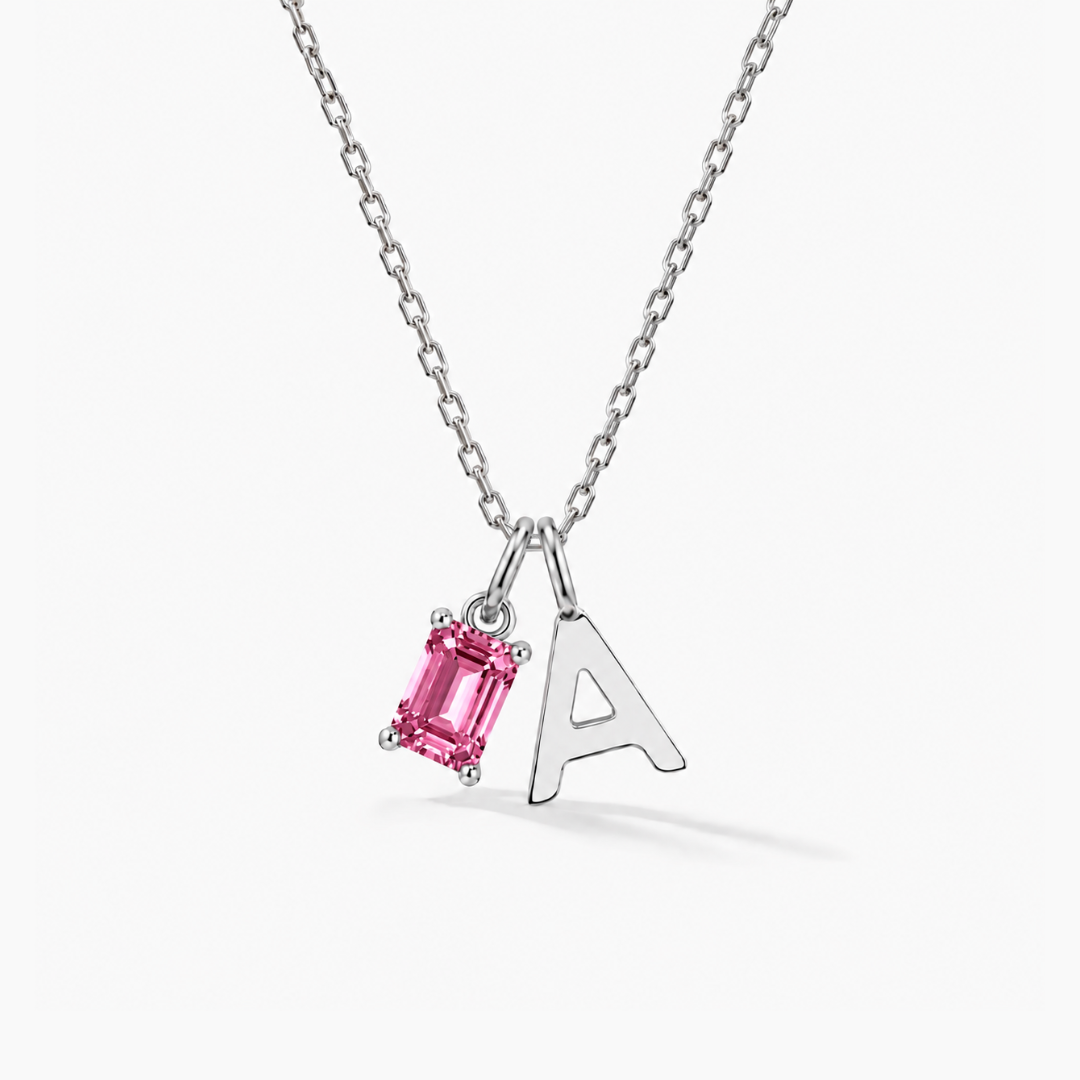 Personalized Initials Letter Necklace with Square-cut Birthstone