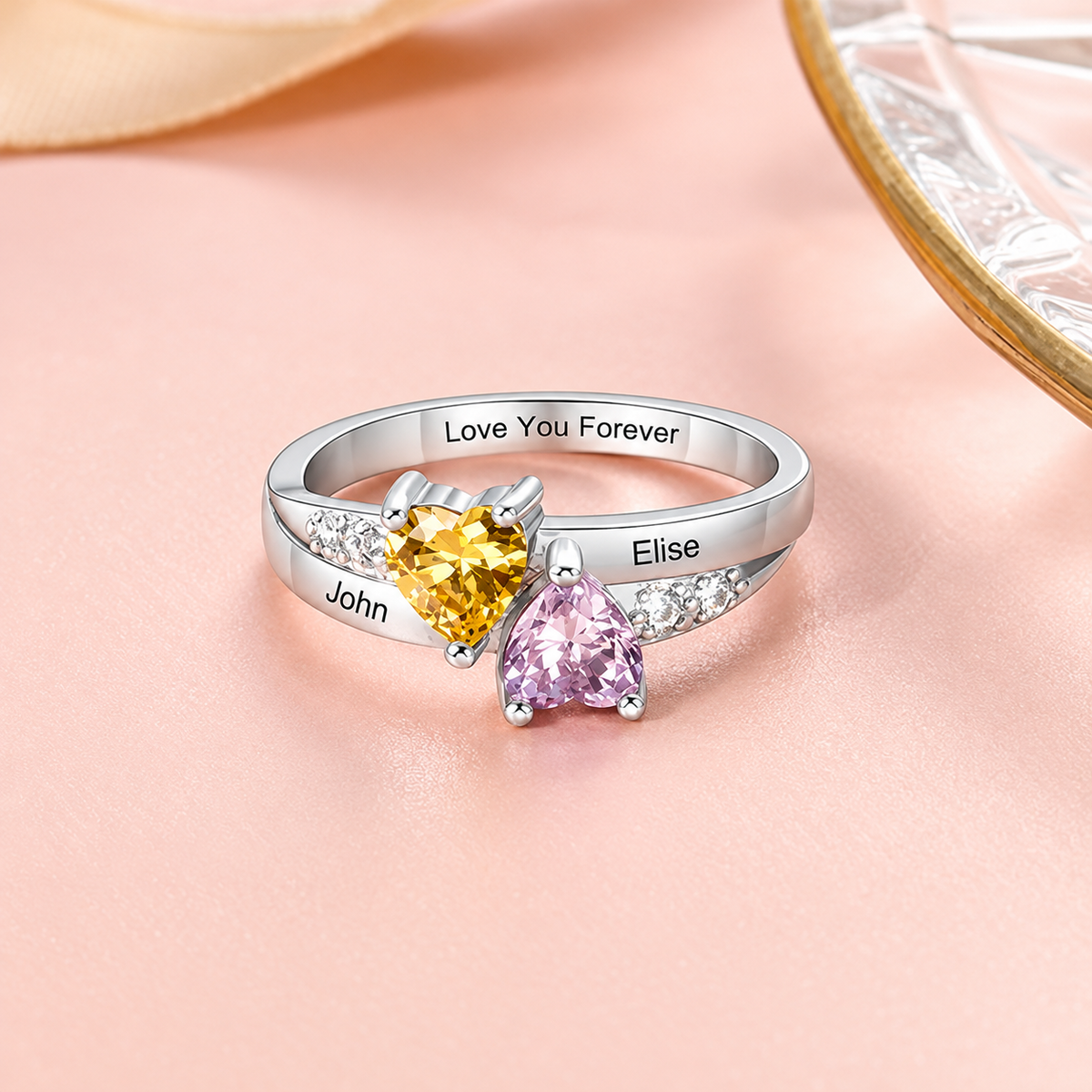 Personalized Name Ring with Double Heart Birthstone and Heartfelt Message