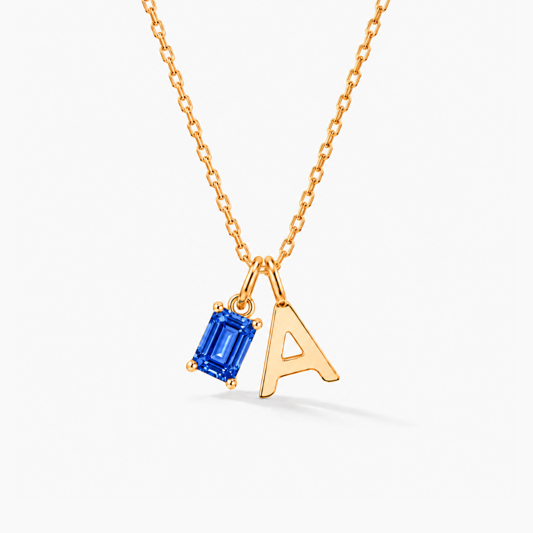 Personalized Initials Letter Necklace with Square-cut Birthstone