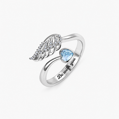 Personalized Angel Wing Birthstone Ring with Heart-cut Stone and Engraving Message