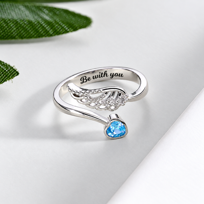 Personalized Angel Wing Birthstone Ring with Heart-cut Stone and Engraving Message