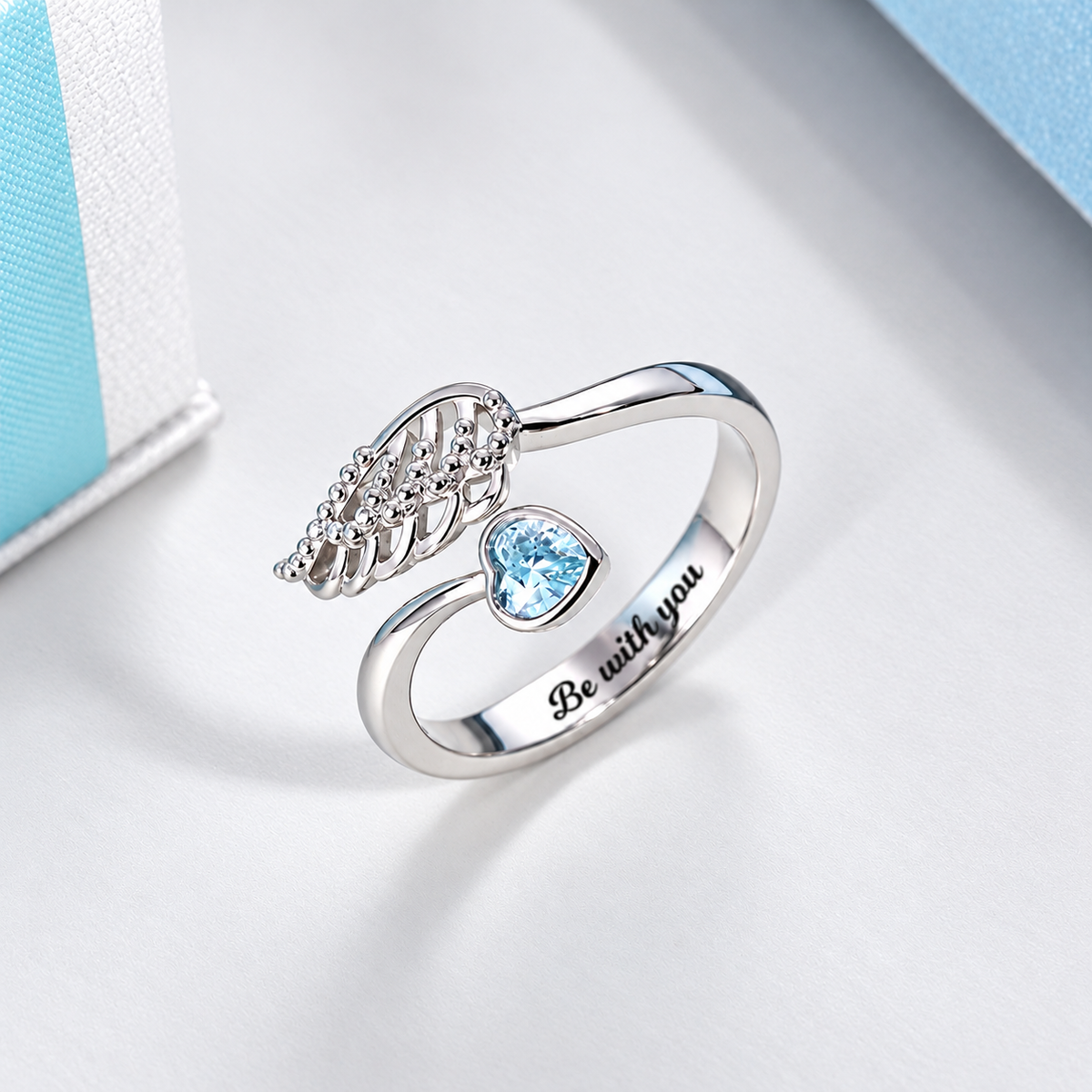 Personalized Angel Wing Birthstone Ring with Heart-cut Stone and Engraving Message