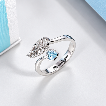Personalized Angel Wing Birthstone Ring with Heart-cut Stone and Engraving Message