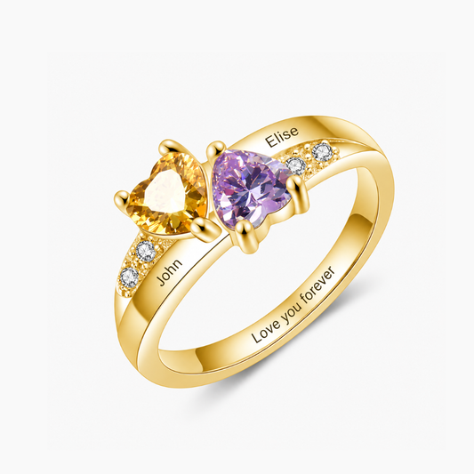Personalized Name Ring with Double Heart Birthstone and Heartfelt Message
