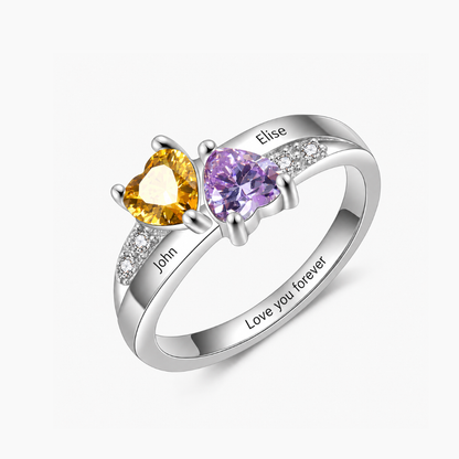 Personalized Name Ring with Double Heart Birthstone and Heartfelt Message