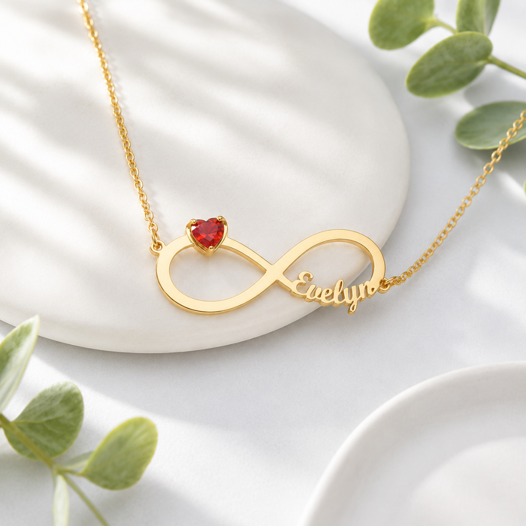 Infinity Personalized Name Necklace with Heart-cut Birthstone