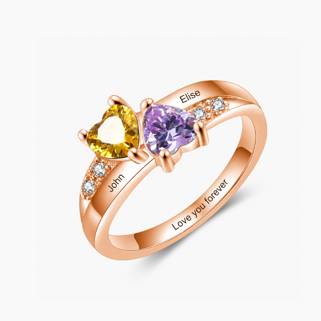 Personalized Name Ring with Double Heart Birthstone and Heartfelt Message