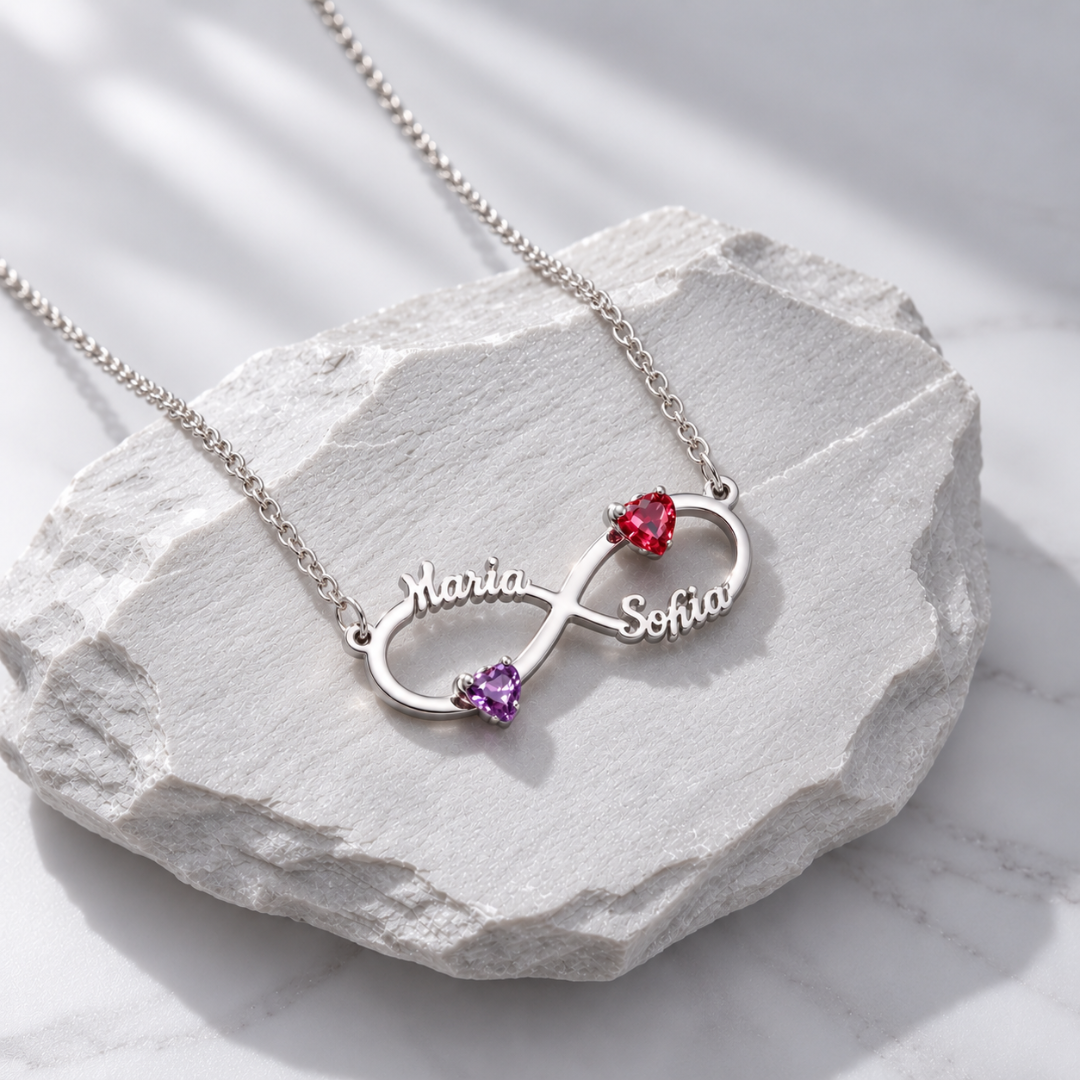 Infinity Personalized Name Necklace with Heart-cut Birthstone