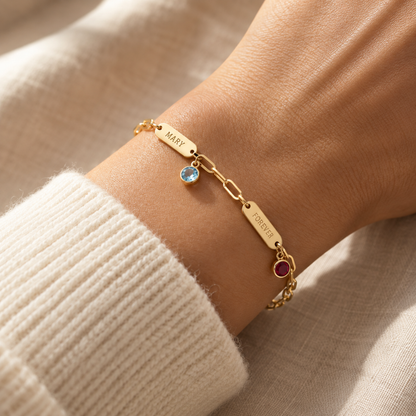 Custom Name Bar Bracelet Dainty Paperclip Chain with Birthstone