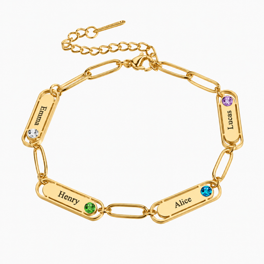 Paperclip Custom Name Bar Bracelet with Birthstone