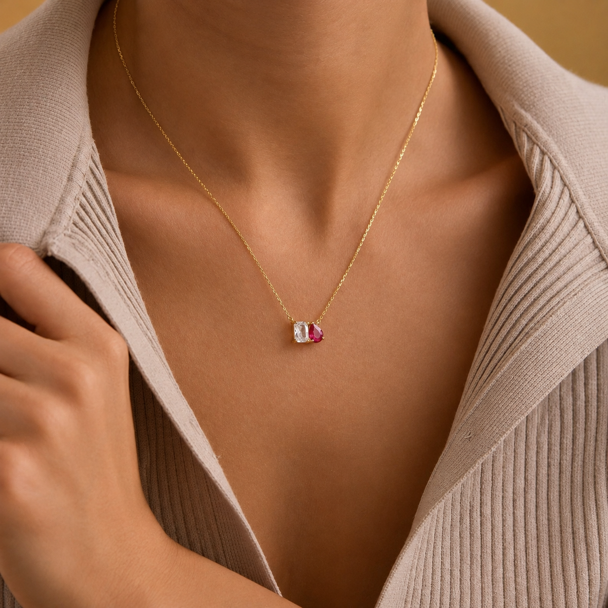 Personalized Toi et moi Birthstone Necklace with Square-cut and Pear-cut Stone