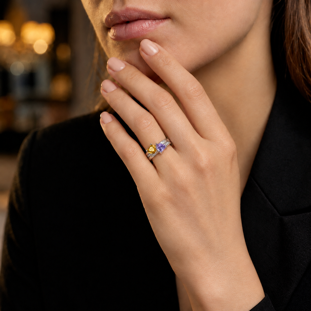 Personalized Name Ring with Double Heart Birthstone and Heartfelt Message
